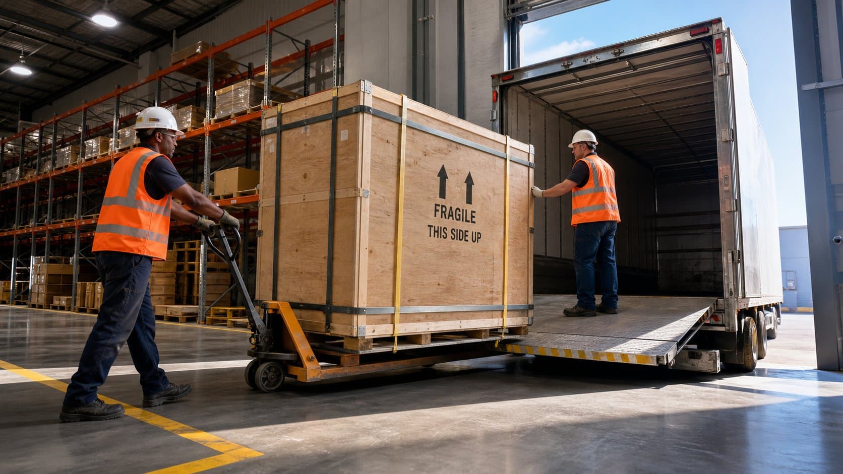 Crated gym equipment being loaded for delivery