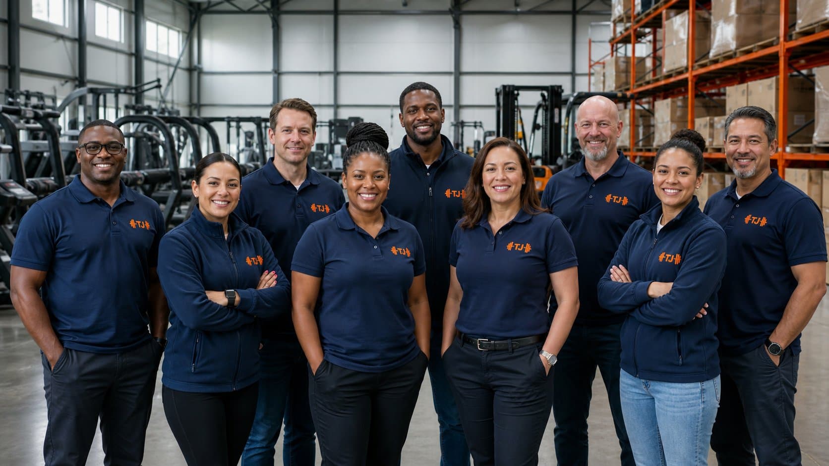 Gym equipment team in a warehouse