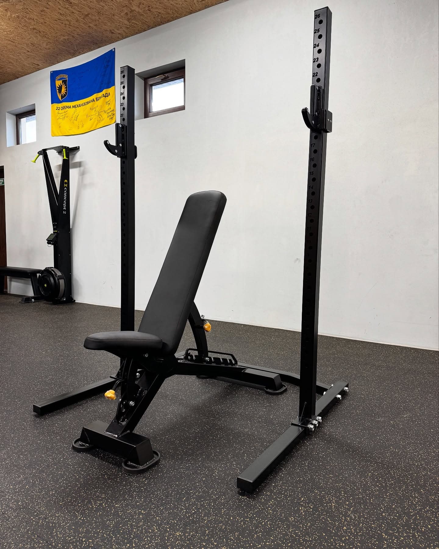 Pair of Squat Stands with Adjustable Bench, used strength equipment for sale at TJ Gym Equipment